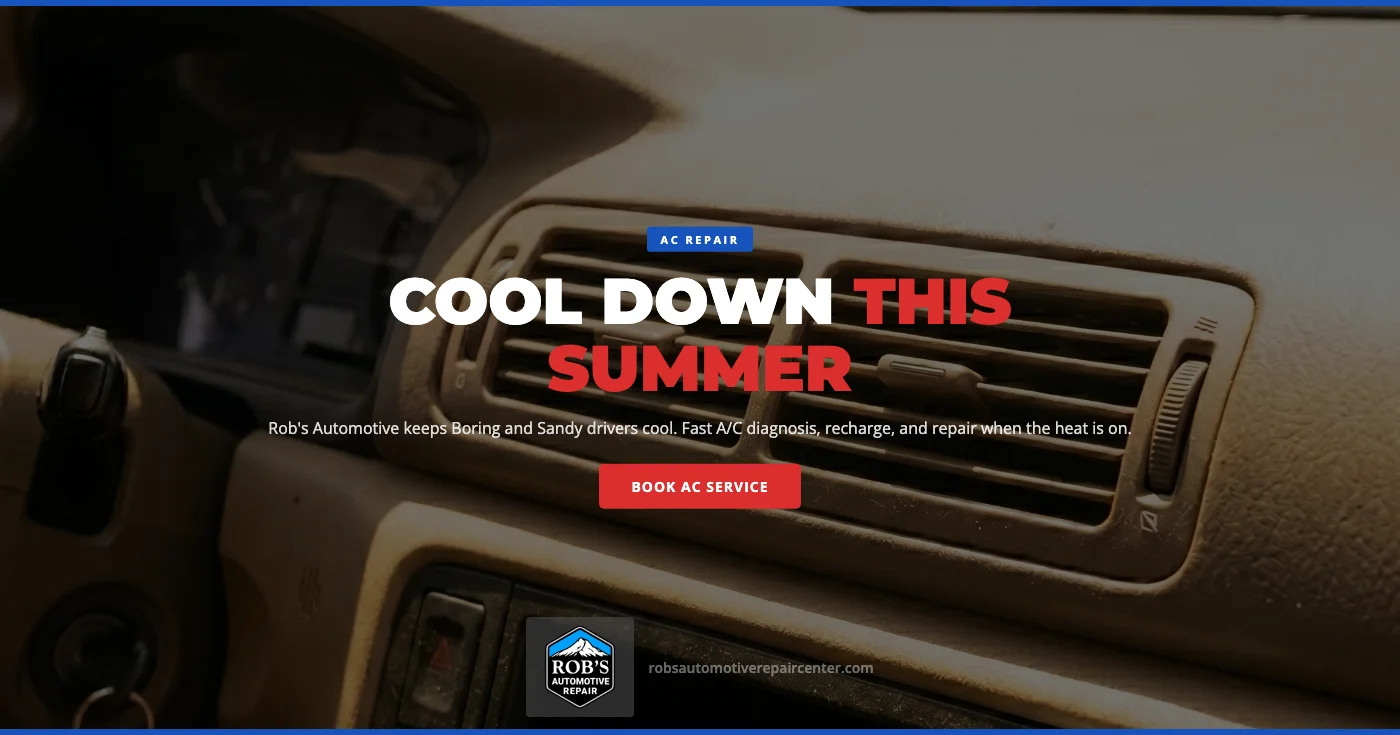 Car AC repair in Boring OR β Rob's Automotive Repair Center technician diagnosing A/C refrigerant system