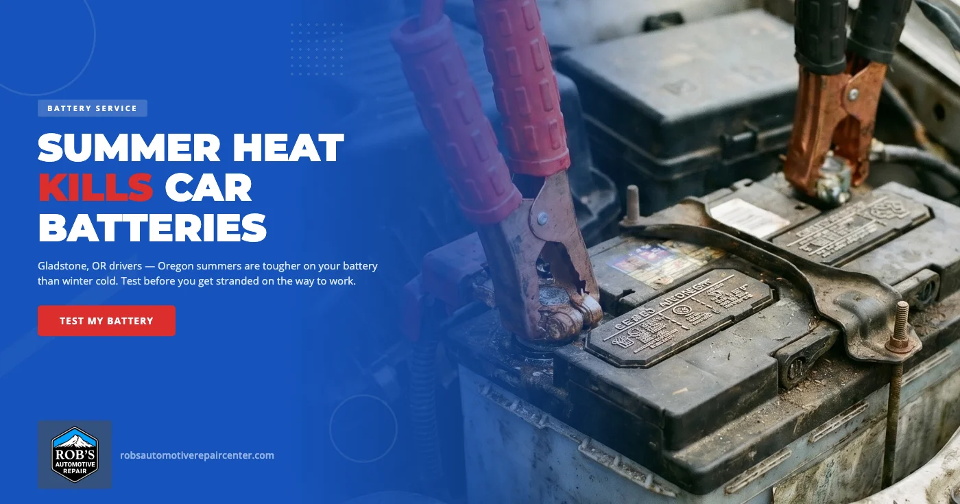 Summer car battery care in Gladstone, OR β Rob's Automotive Repair technician running a digital load test on a vehicle battery before a heat wave