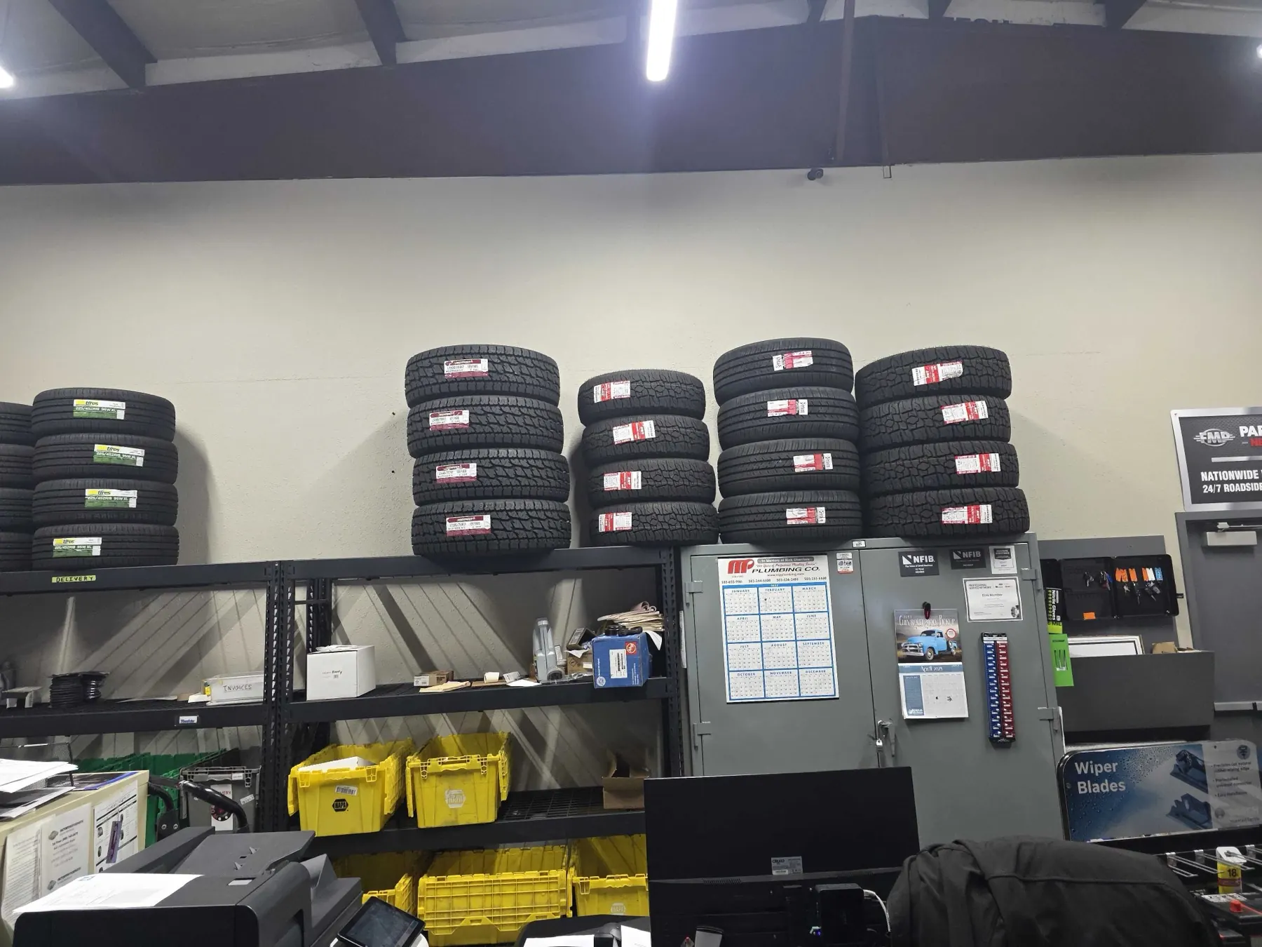 Tire inventory at Rob's Automotive Repair Center in Clackamas, Oregon